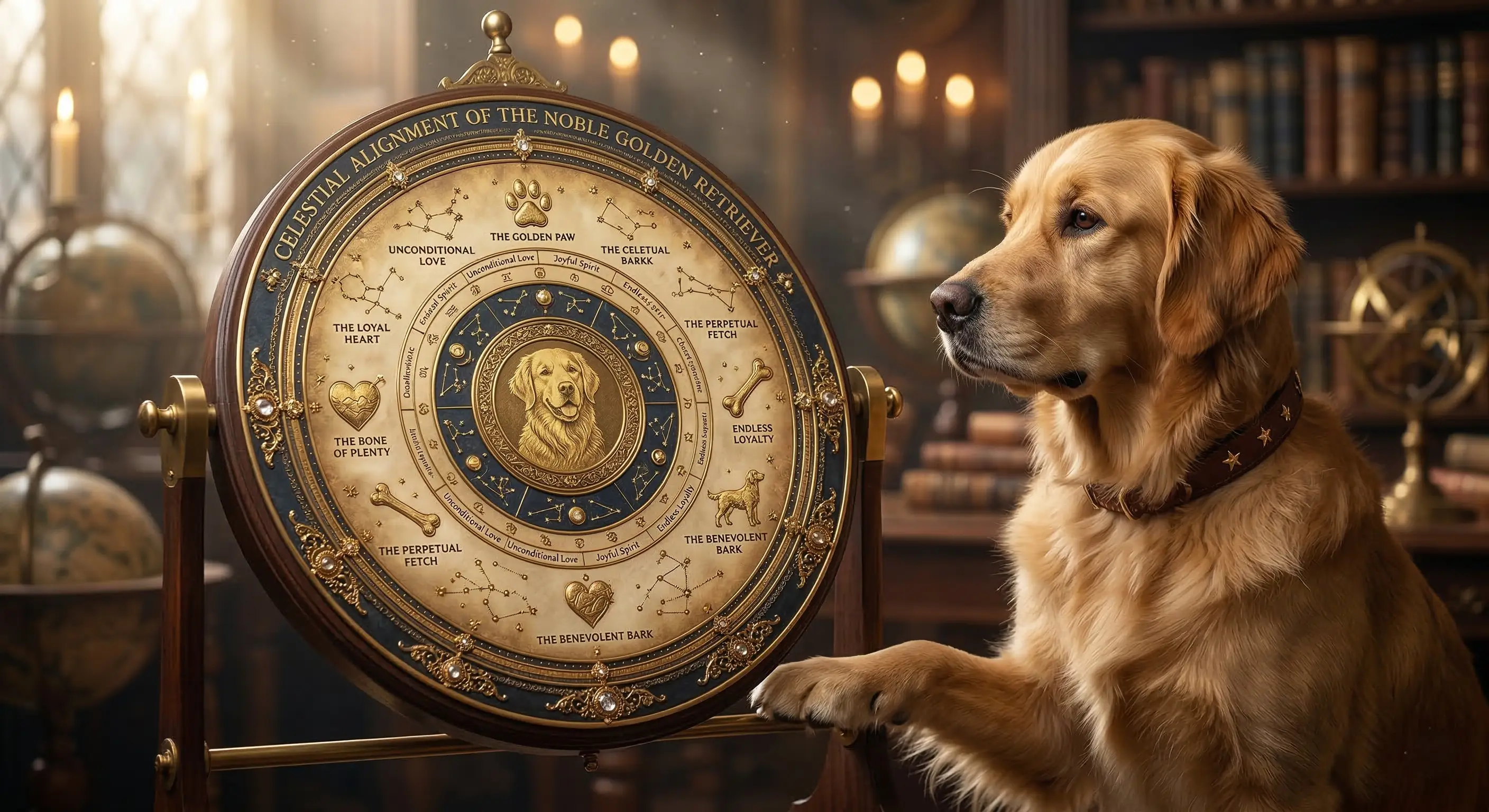 A golden retriever studying its celestial birth chart - an ornate astrology wheel in an atmospheric library setting